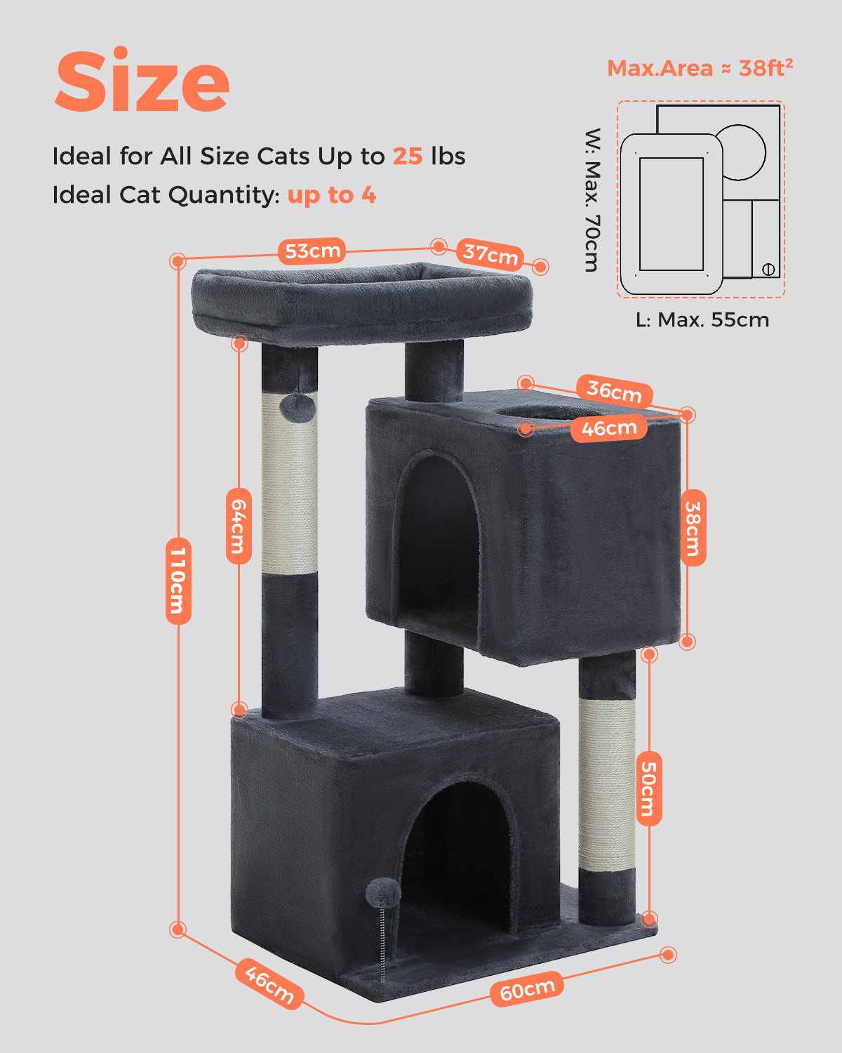 PAWZ Road 110cm Cat Tree Tower Scratching Post Scratcher with Large Condo House Beds for Large Cats Dark Grey