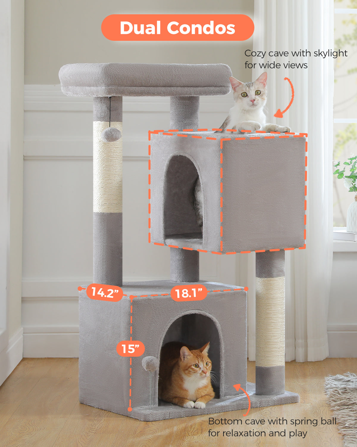 PAWZ Road 110cm Cat Tree Tower Scratching Post Scratcher with Large Condo House Beds for Large Cats Light Grey