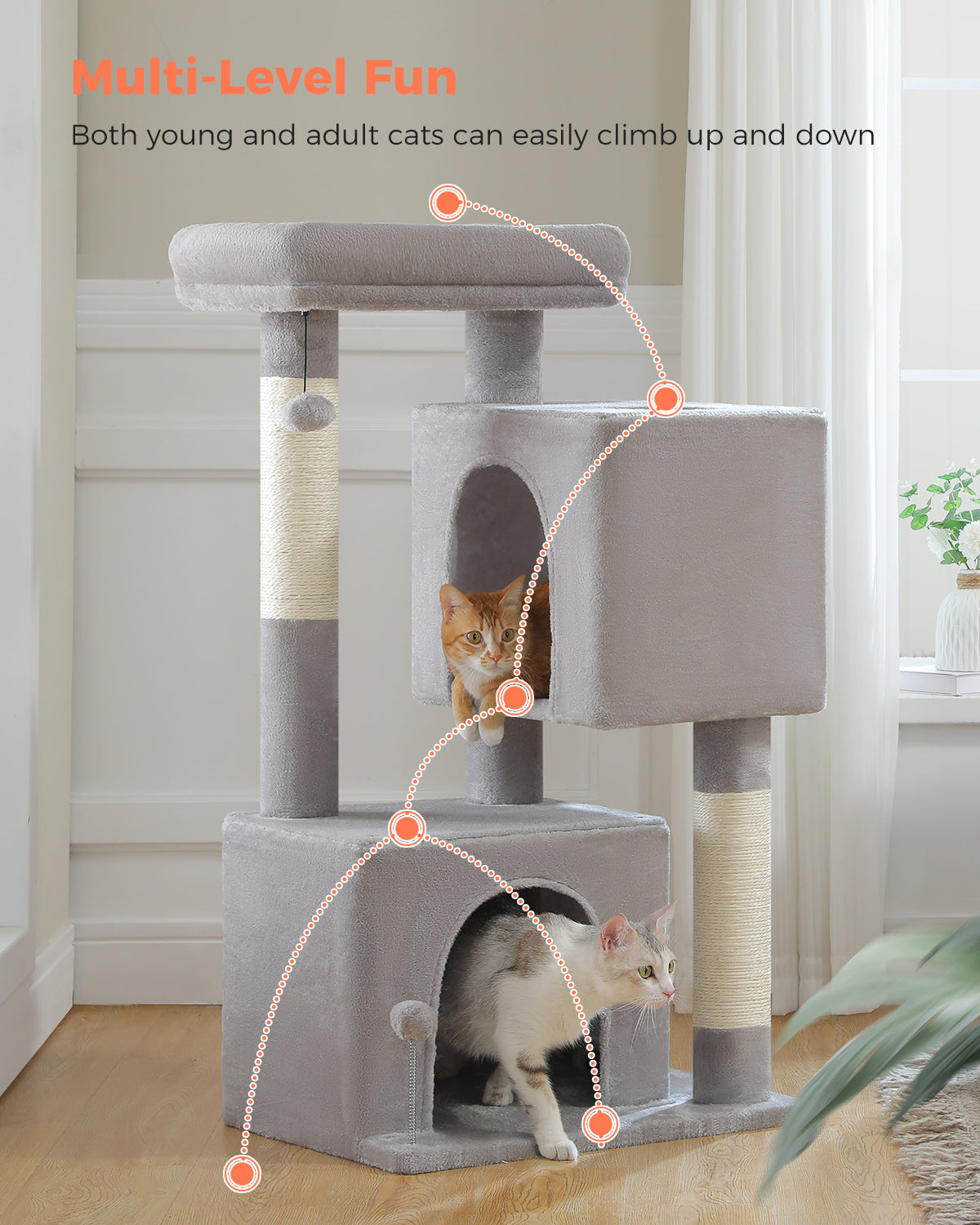 PAWZ Road 110cm Cat Tree Tower Scratching Post Scratcher with Large Condo House Beds for Large Cats Light Grey