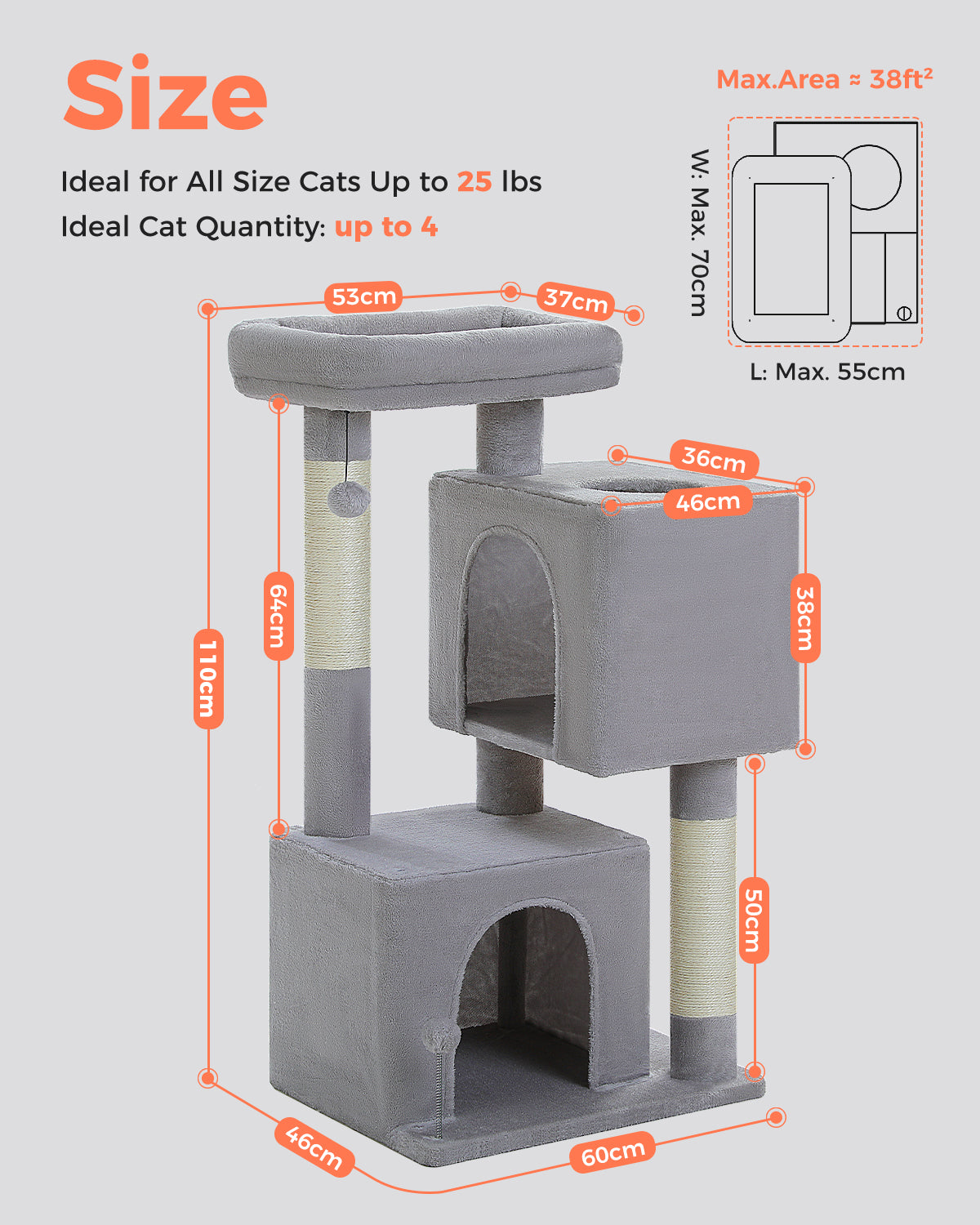 PAWZ Road 110cm Cat Tree Tower Scratching Post Scratcher with Large Condo House Beds for Large Cats Light Grey