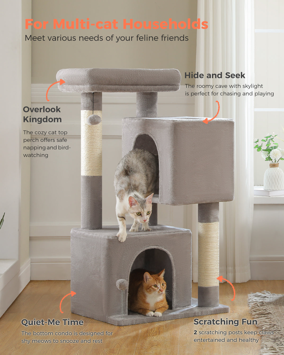 PAWZ Road 110cm Cat Tree Tower Scratching Post Scratcher with Large Condo House Beds for Large Cats Light Grey