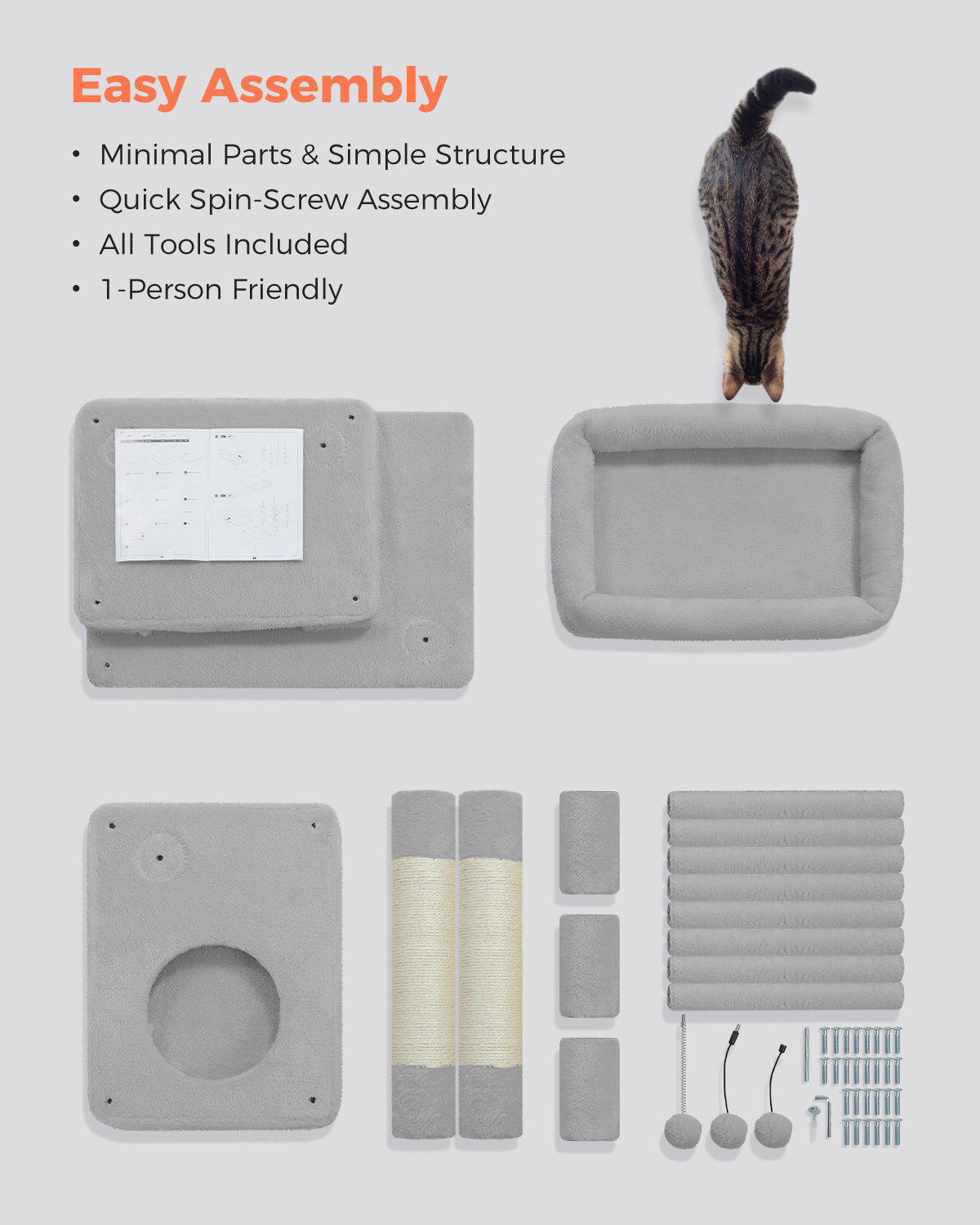 PAWZ Road 110cm Cat Tree Tower Scratching Post Scratcher with Large Condo House Beds for Large Cats Light Grey