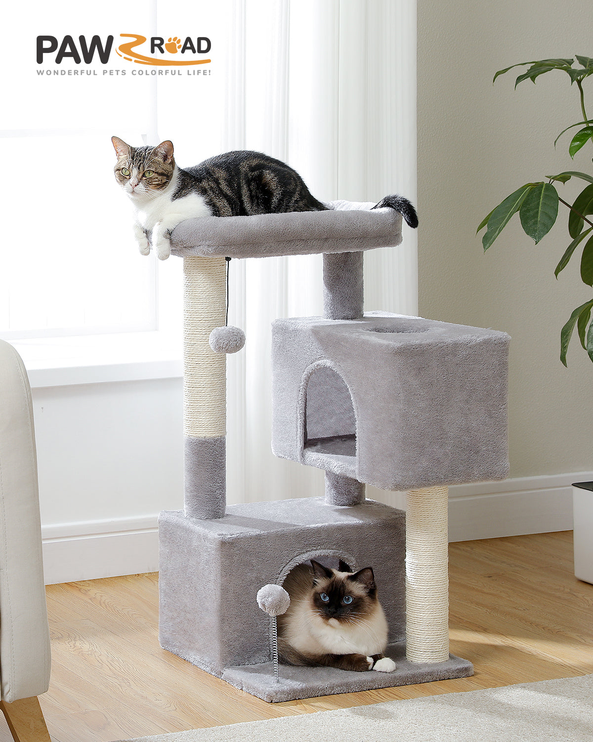 PAWZ Road Cat Tree Tower Scratching Post Scratcher with Large Condo House Beds Grey