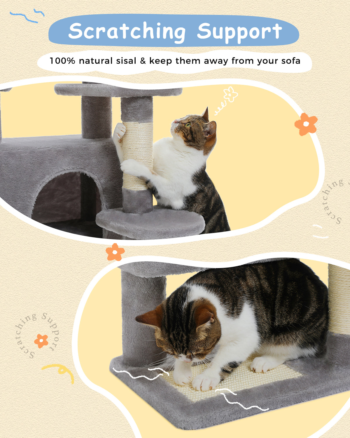 PAWZ Road 88cm Cat Tree Tower Sisal Scratching Posts Hammock Condo House Kitten Toys Grey