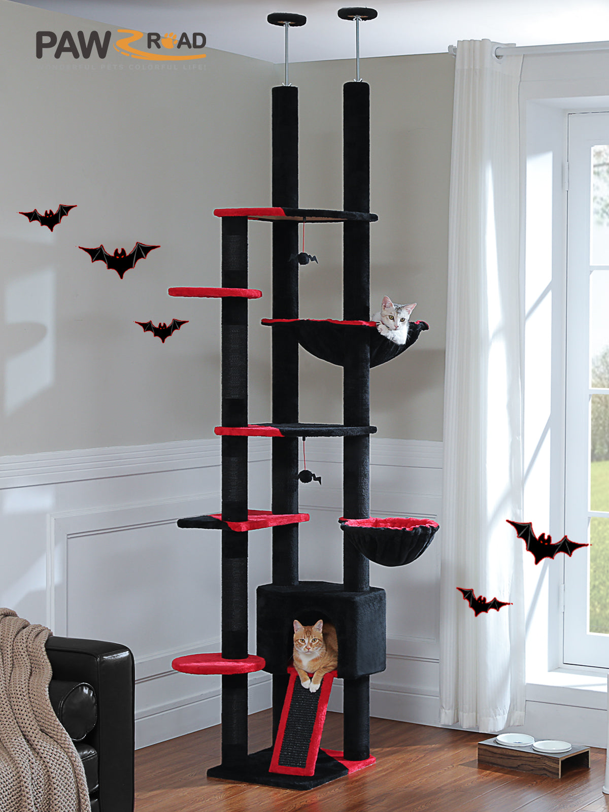 PAWZ Road Cat Tree Tower Scratching Post Floor to Ceiling Cats Tower Furniture Black