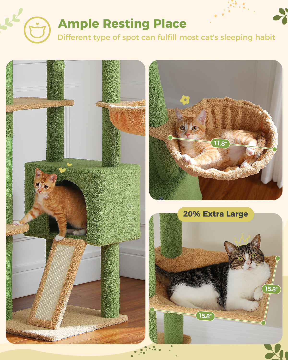 PAWZ Road Cat Tree Tower Scratching Post Floor to Ceiling Cats Tower Furniture Green