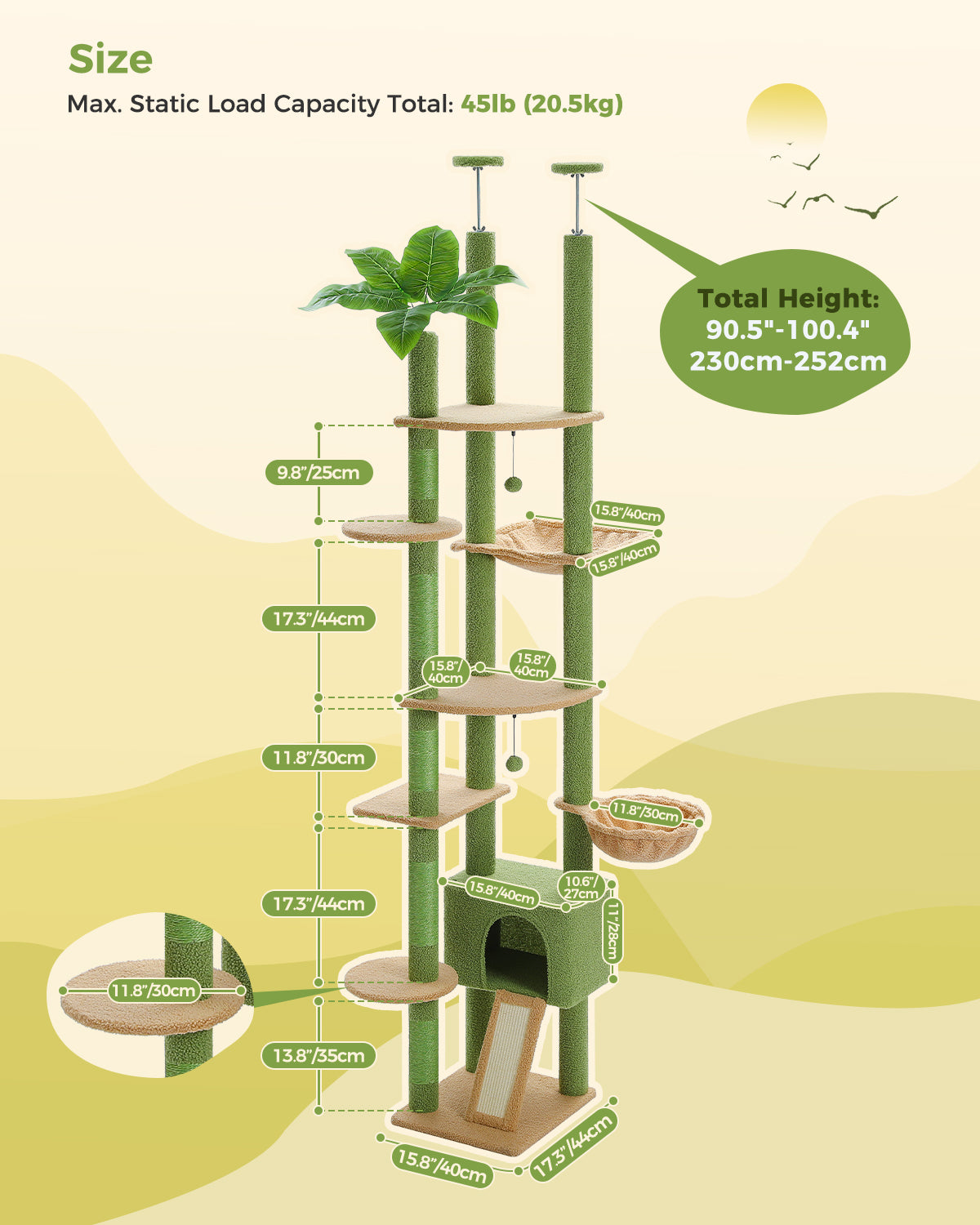 PAWZ Road Cat Tree Tower Scratching Post Floor to Ceiling Cats Tower Furniture Green