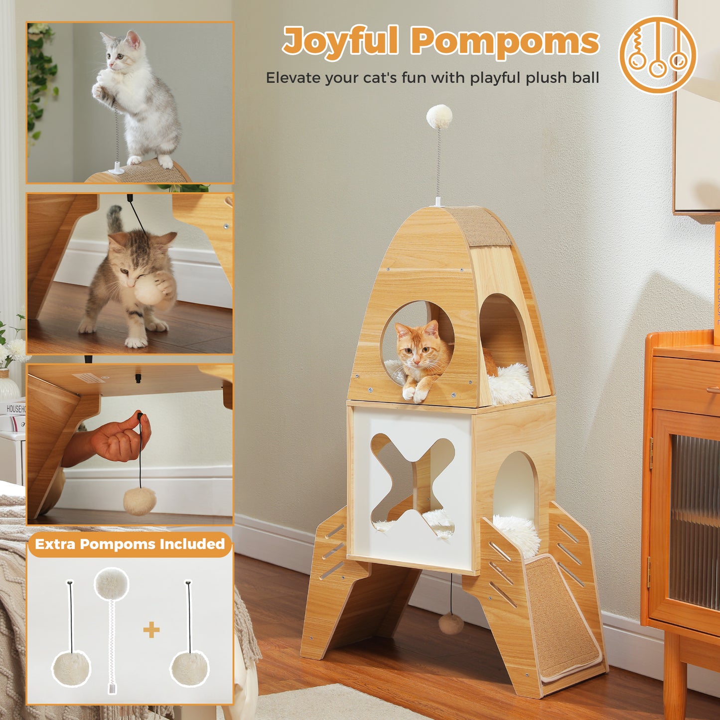 PAWZ Road 110cm Cat Tree Tower Scratching Post Scratcher Rocket Shape Cat Condo House Beige