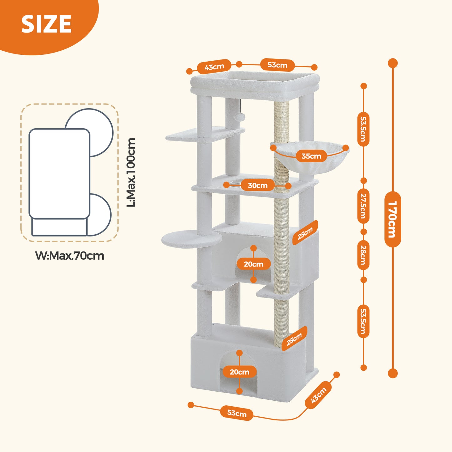 PAWZ Road 170cm Cat Tree Tower Scratching Post Scratcher Large Cats Condo House White
