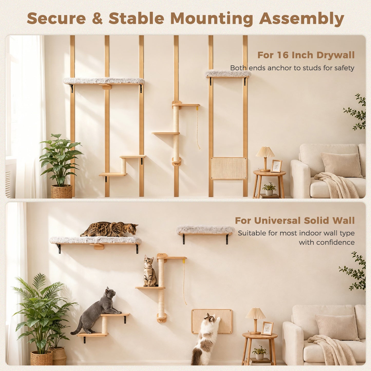 PAWZ Road Cat Wall Shelves, Wooden Cat Wall Mounted with Scratching Posts, 5-in-1 Modern Climbing Set with Scratcher Pads & 4 Steps Climbing Rops for Indoor Cats, Beige