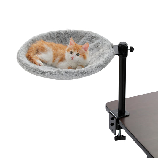 PAWZ Road Cat Desk Bed for Indoor Cats, Round Cat Bed for Desk Supports Up to 50 lbs, 360° Rotation & Adjustable Soft Plush Hammock for Table, Beige/ Grey