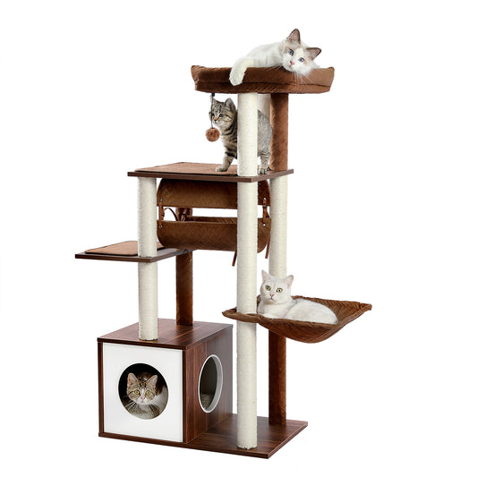 PAWZ Road Cat Tree Tower Scratching Post Cat Wood Condo House Furniture Bed 130cm Brown