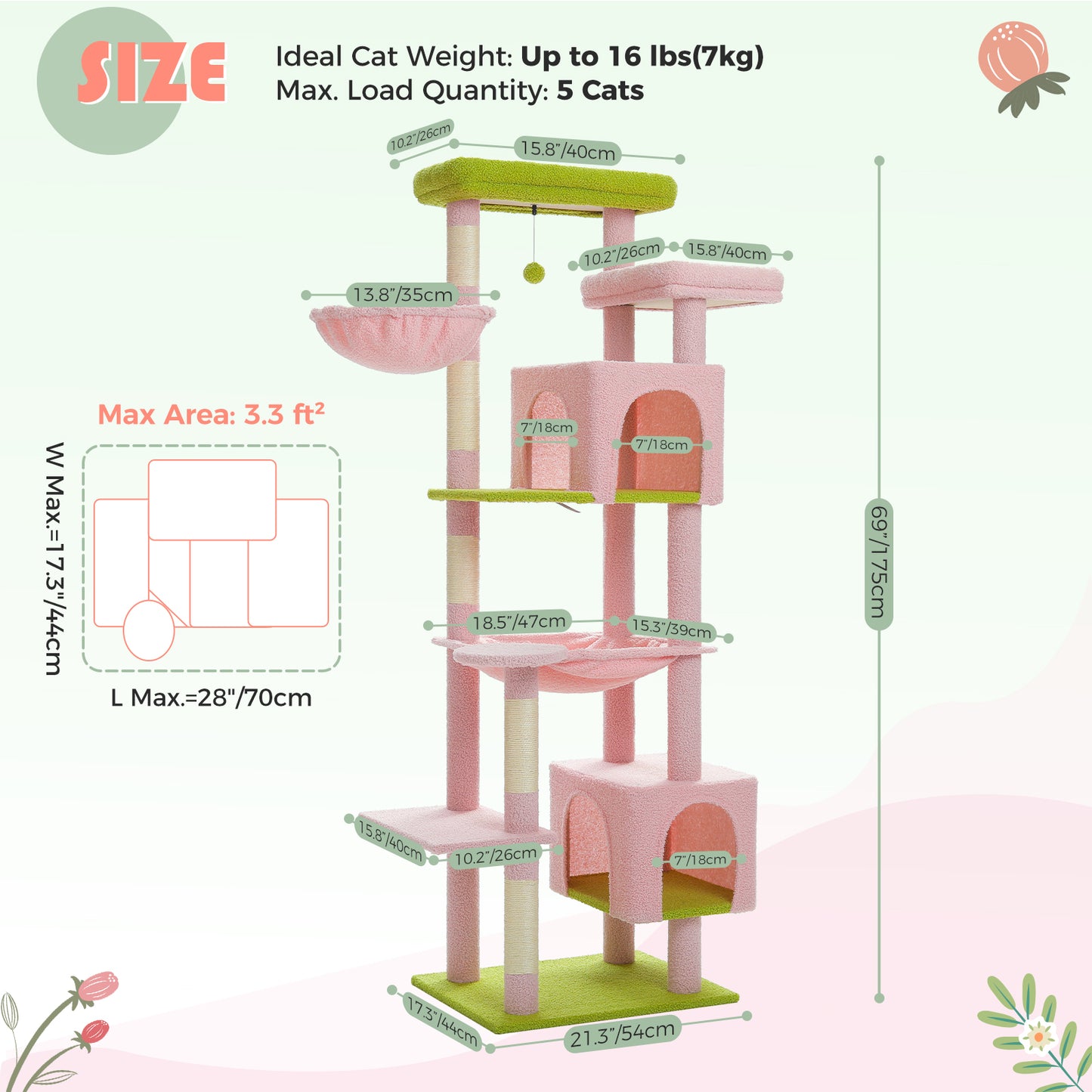 PAWZ Road 175cm Cat Tree Tower Scratching Post Scratcher Condo House Furniture Pink