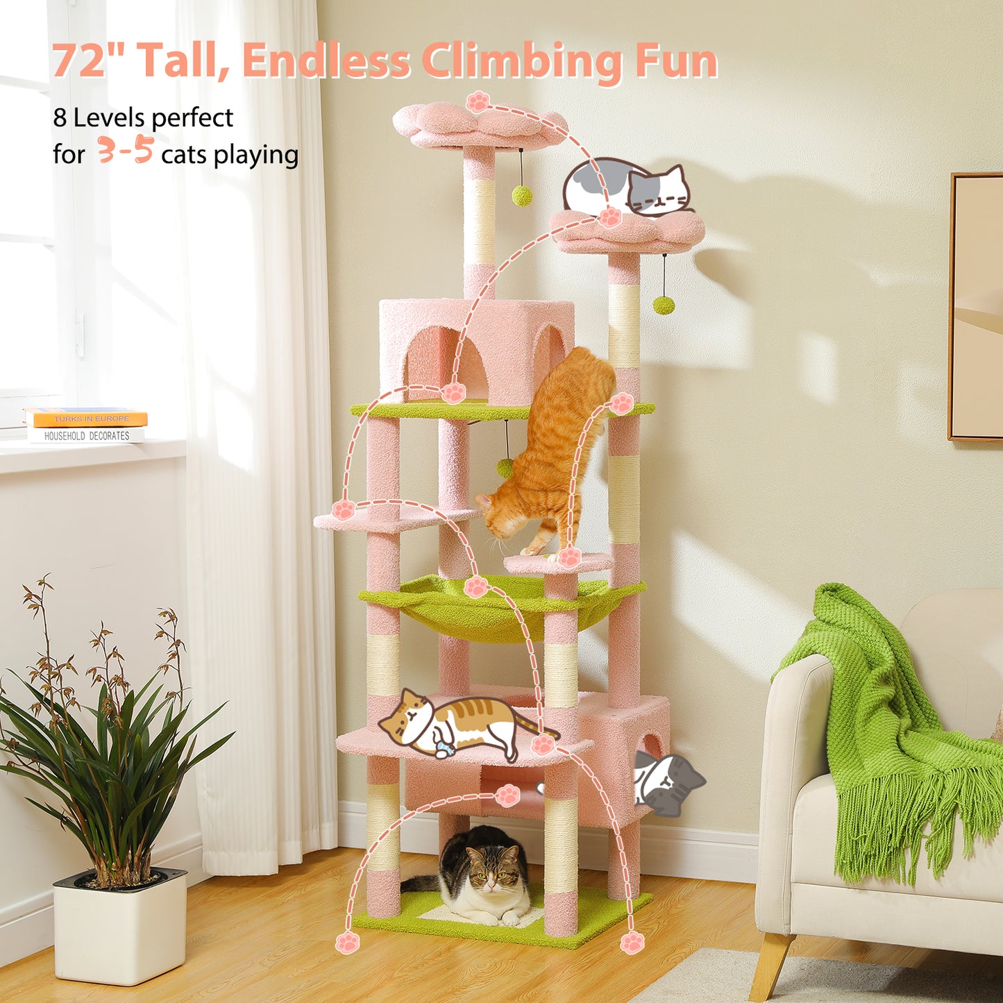 PAWZ Road 184cm Cat Tree Tower Scratching Post Scratcher Condo House Bed Toy Furniture Pink