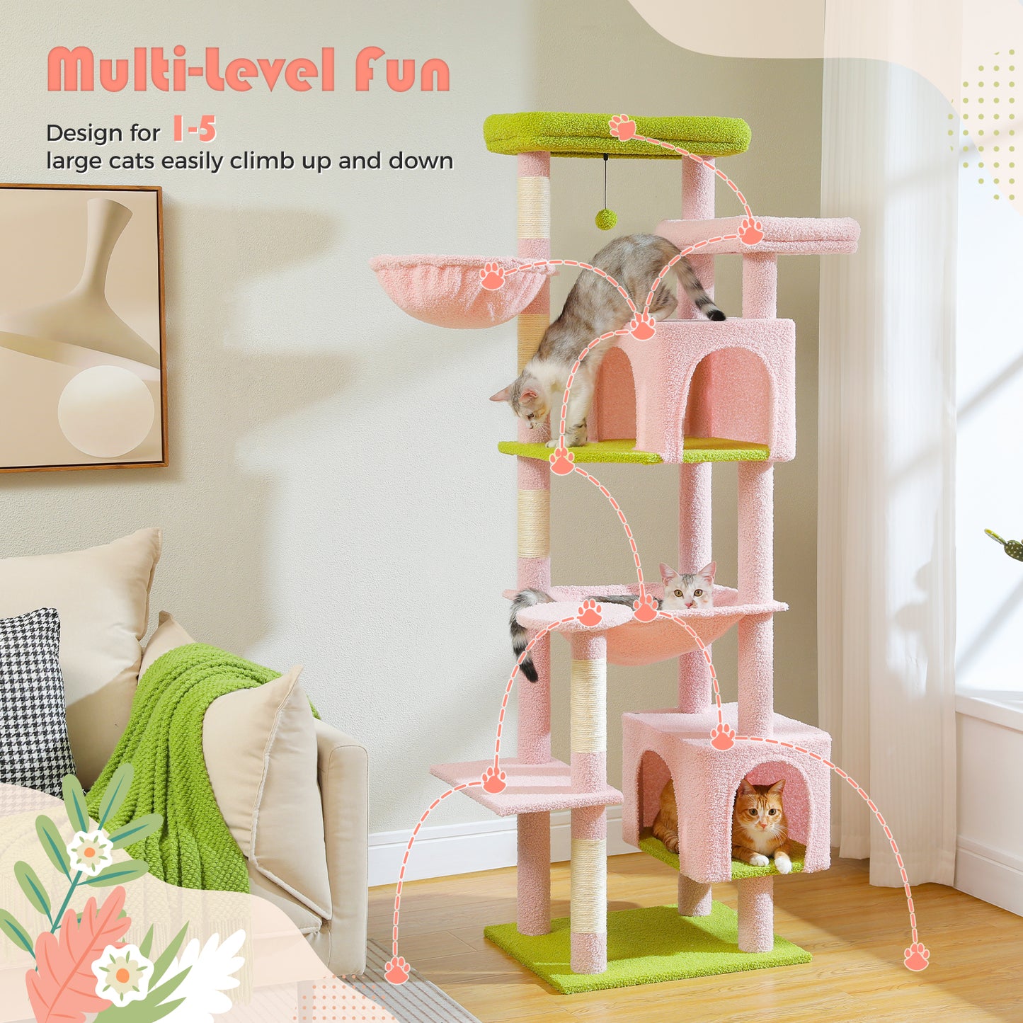PAWZ Road 175cm Cat Tree Tower Scratching Post Scratcher Condo House Furniture Pink