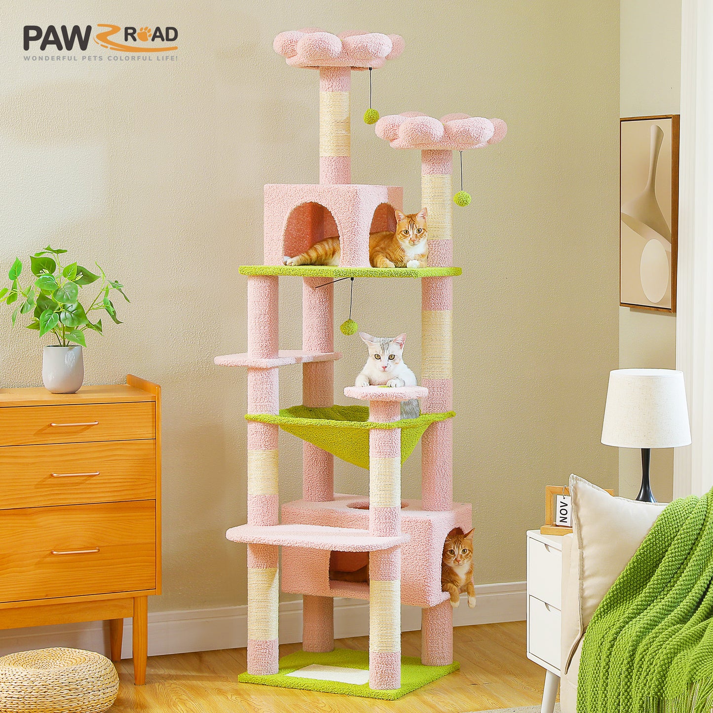 PAWZ Road 184cm Cat Tree Tower Scratching Post Scratcher Condo House Bed Toy Furniture Pink