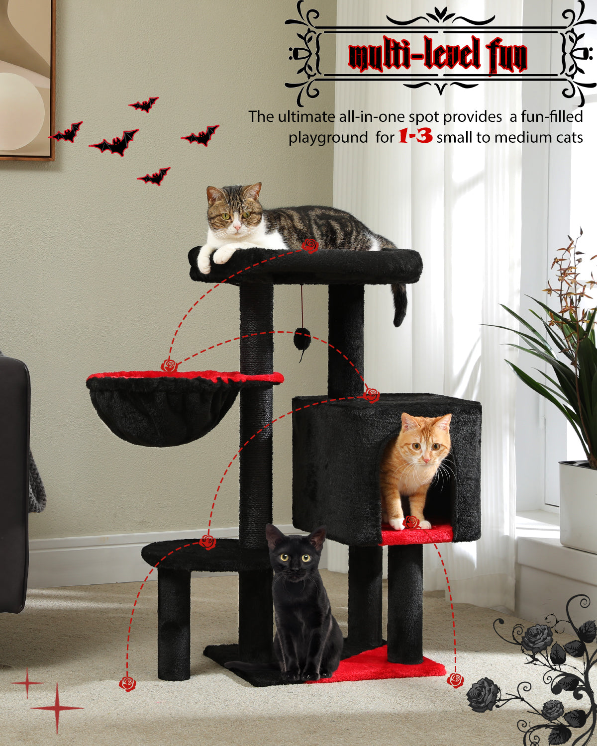 PAWZ Road Cat Tree Tower Condo House Cat Scratching Post Furniture with Hammock Black