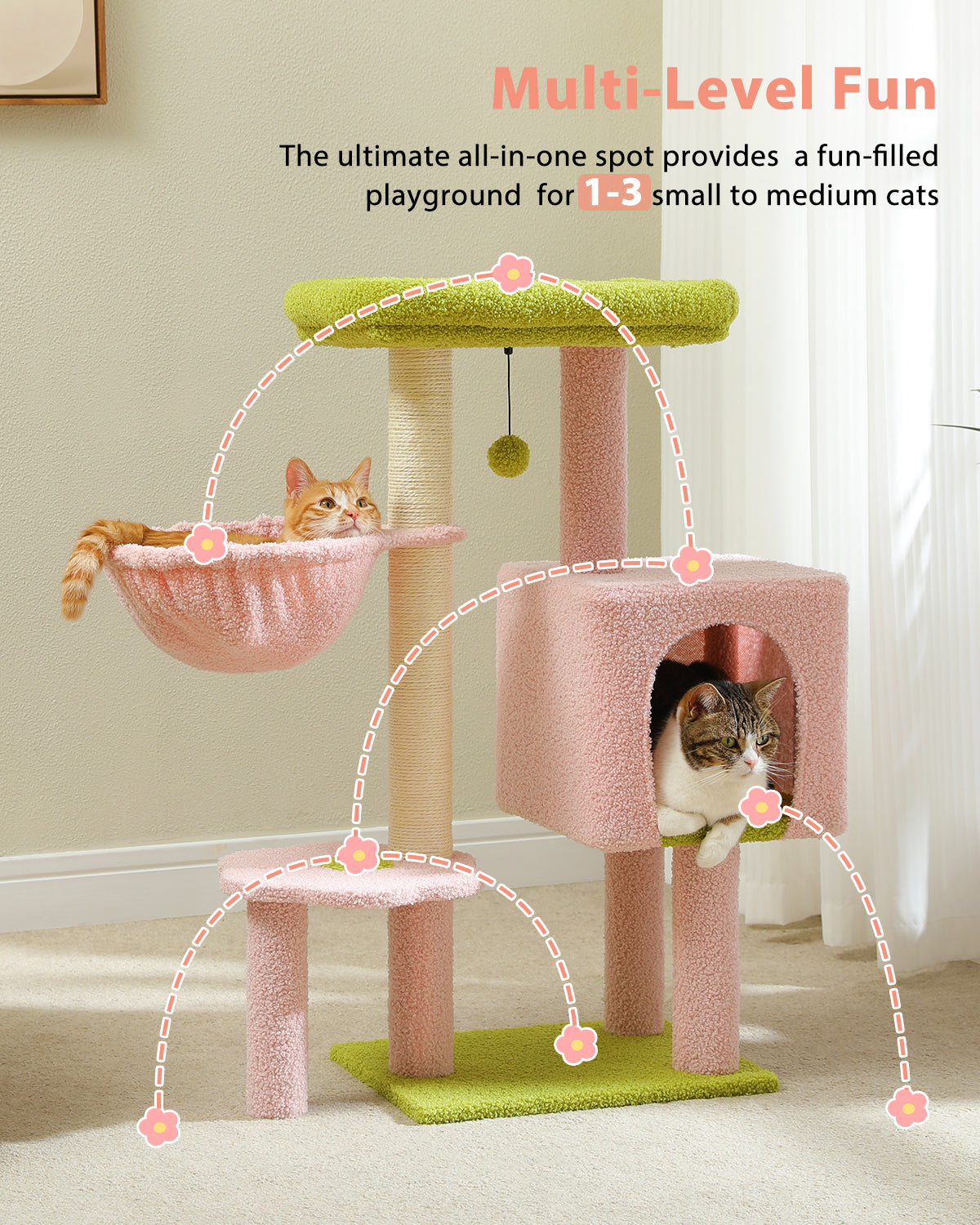 PAWZ Road Cat Tree Tower Condo House Cat Scratching Post Furniture with Hammock Pink