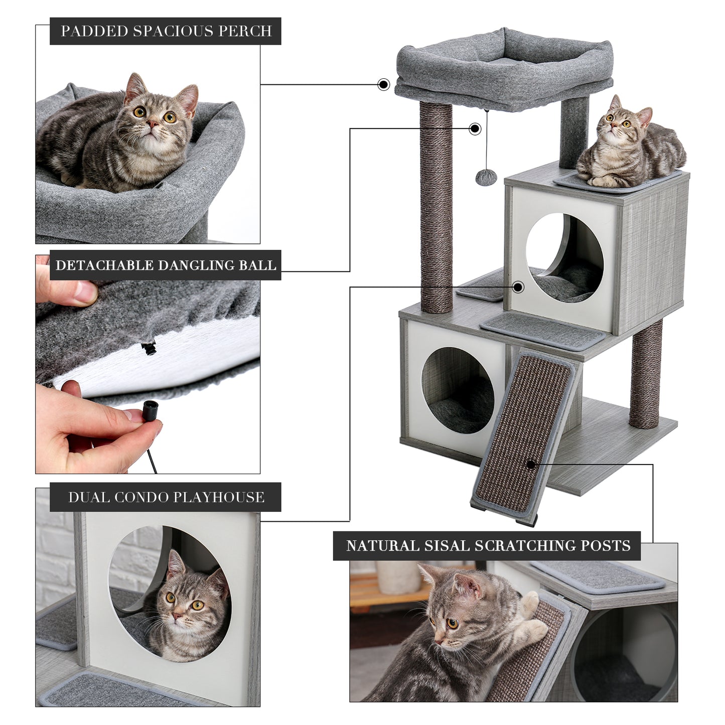 PAWZ Road 89cm Multi-Level Cat Tree Wooden Furniture Cat Home Grey