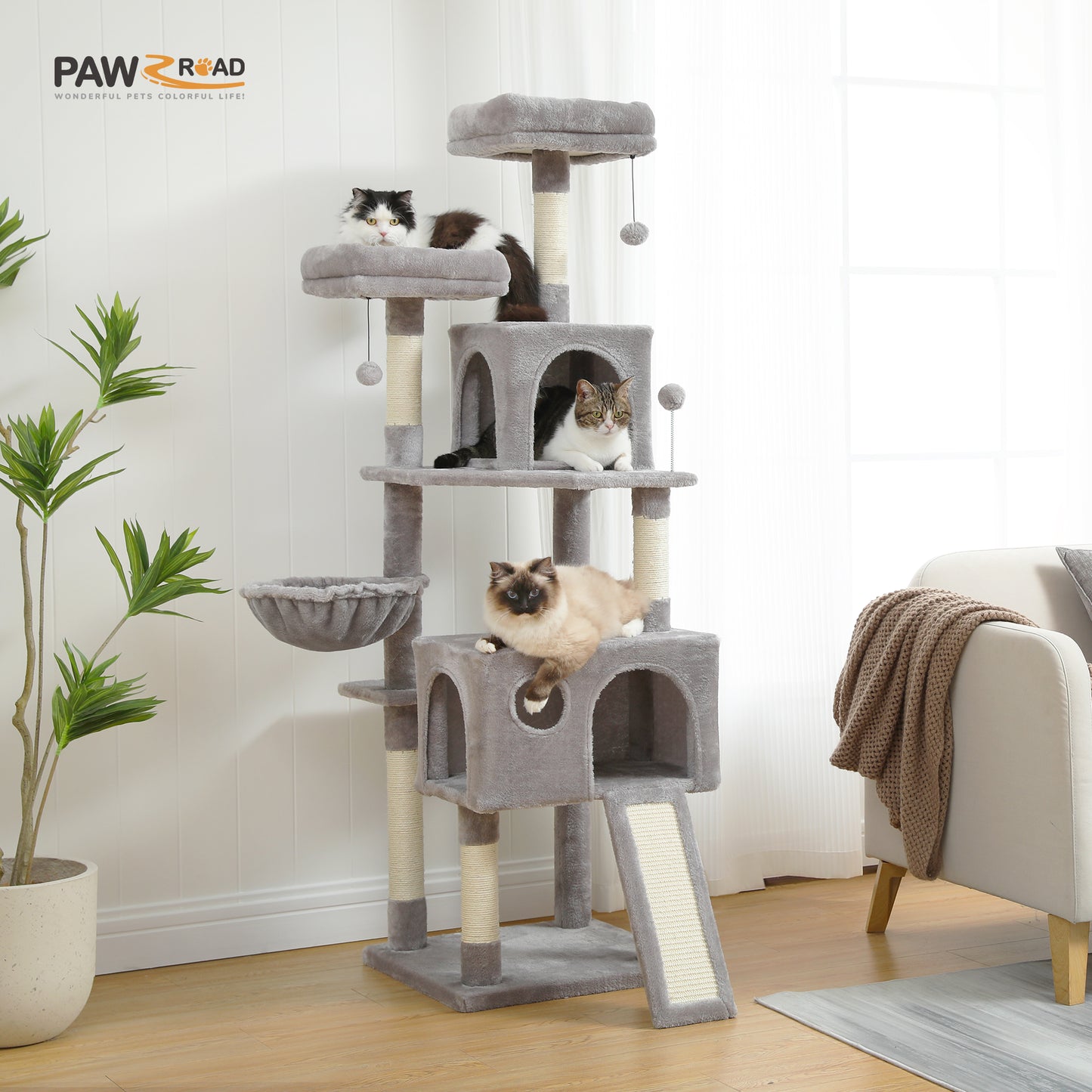 PAWZ Road Cat Tree Scratching Post Tree Large Cat Climb House Furniture with 2 Condo 162cm Grey