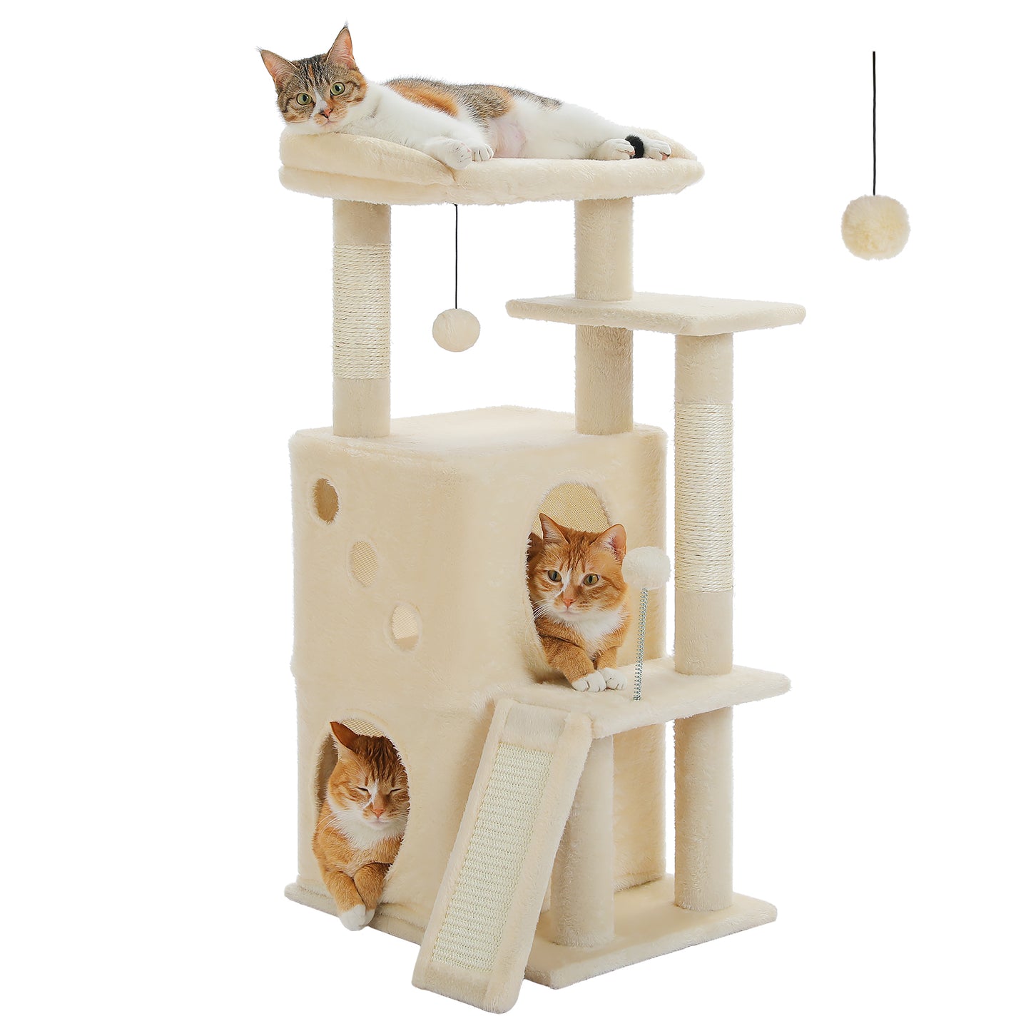 PAWZ Road Cat Tree for Indoor Cats, 88cm Small Cat Tower with Sisal-Covered Scratching Posts, 2 Condos, Scratching Ramp and Dangling Toys, Ideal Kitten Play House for Multi-Kitten Households