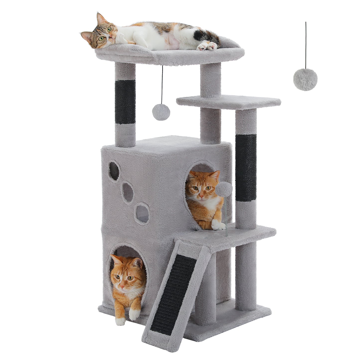 PAWZ Road Cat Tree for Indoor Cats, 88cm Small Cat Tower with Sisal-Covered Scratching Posts, 2 Condos, Scratching Ramp and Dangling Toys, Ideal Kitten Play House for Multi-Kitten Households