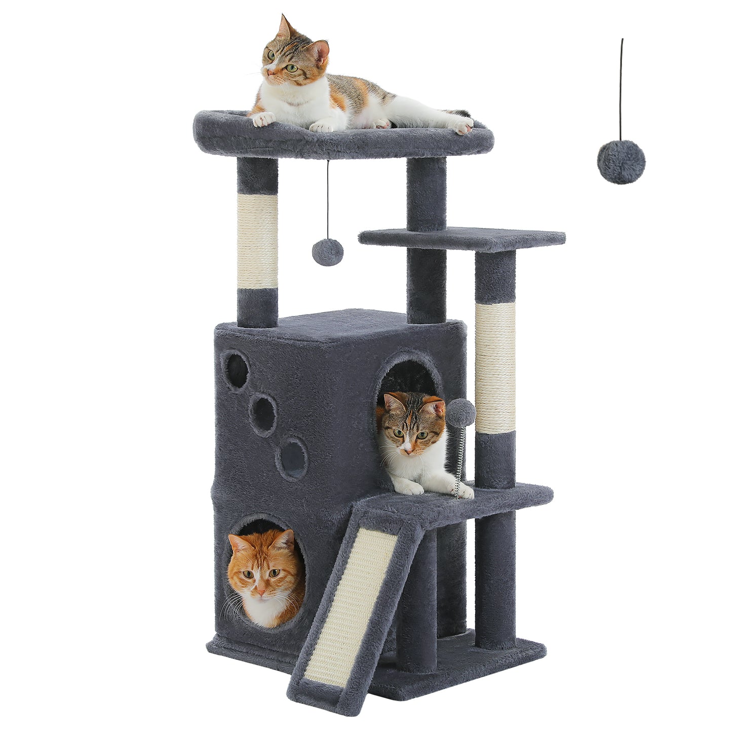PAWZ Road Cat Tree for Indoor Cats, 88cm Small Cat Tower with Sisal-Covered Scratching Posts, 2 Condos, Scratching Ramp and Dangling Toys, Ideal Kitten Play House for Multi-Kitten Households