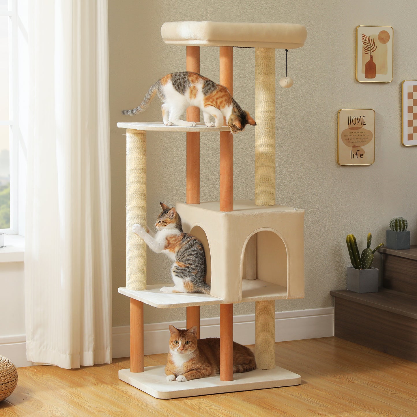 PAWZ Road 135CM Cat Tree Tower Scratching Post Scratcher Wooded Cats Condo House Beige
