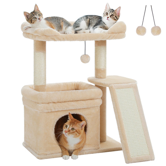 PAWZ Road Small Cat Tree Tower Scratching Post with Wide Top Perch Condo Toys Beige