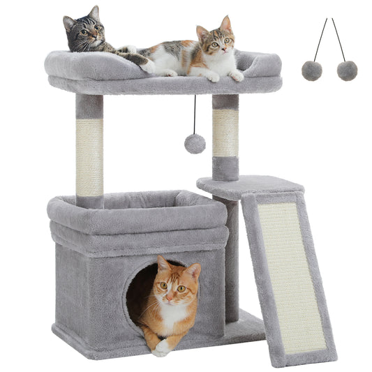 PAWZ Road Small Cat Tree Tower Scratching Post with Wide Top Perch Condo Toys Grey