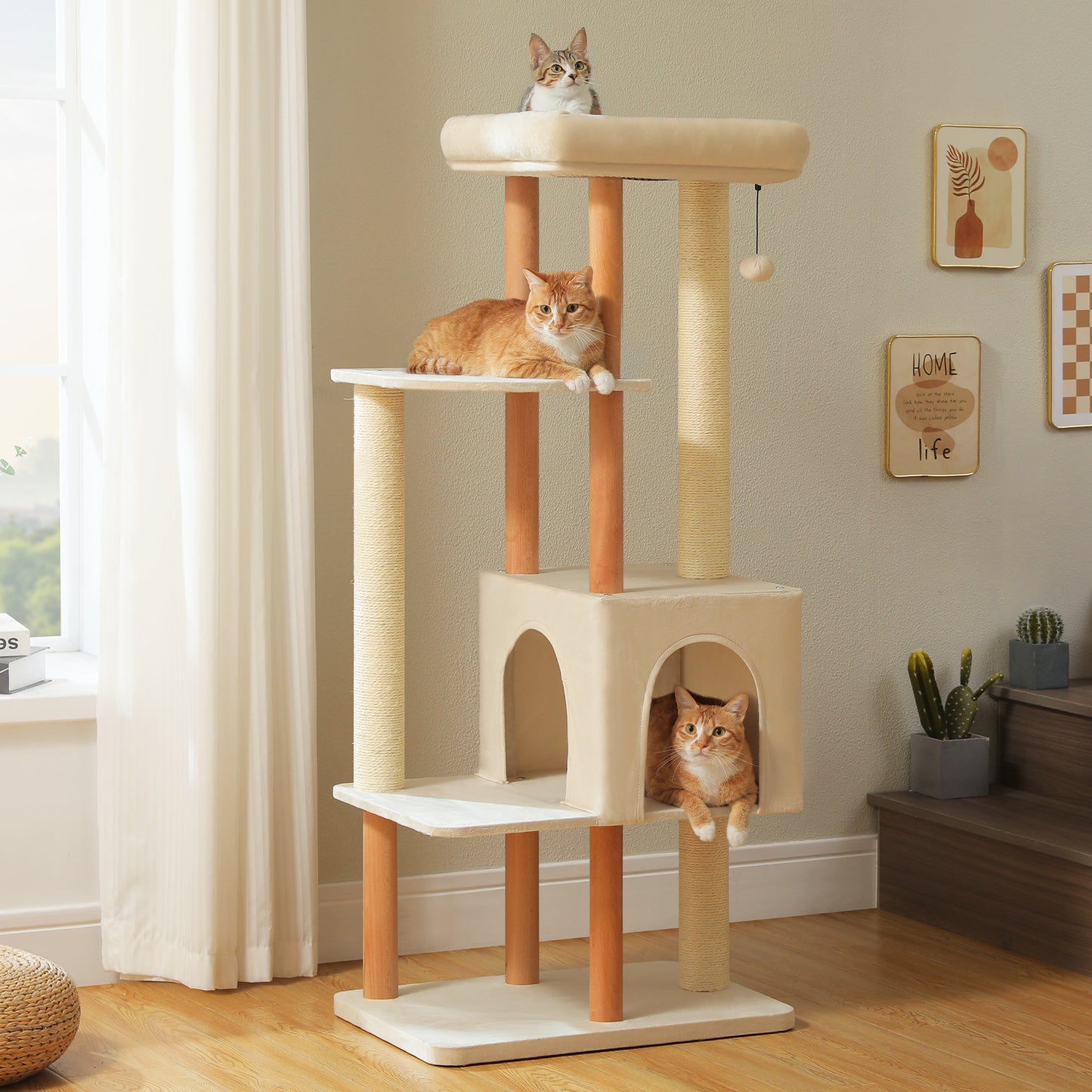 PAWZ Road 135CM Cat Tree Tower Scratching Post Scratcher Wooded Cats Condo House Beige