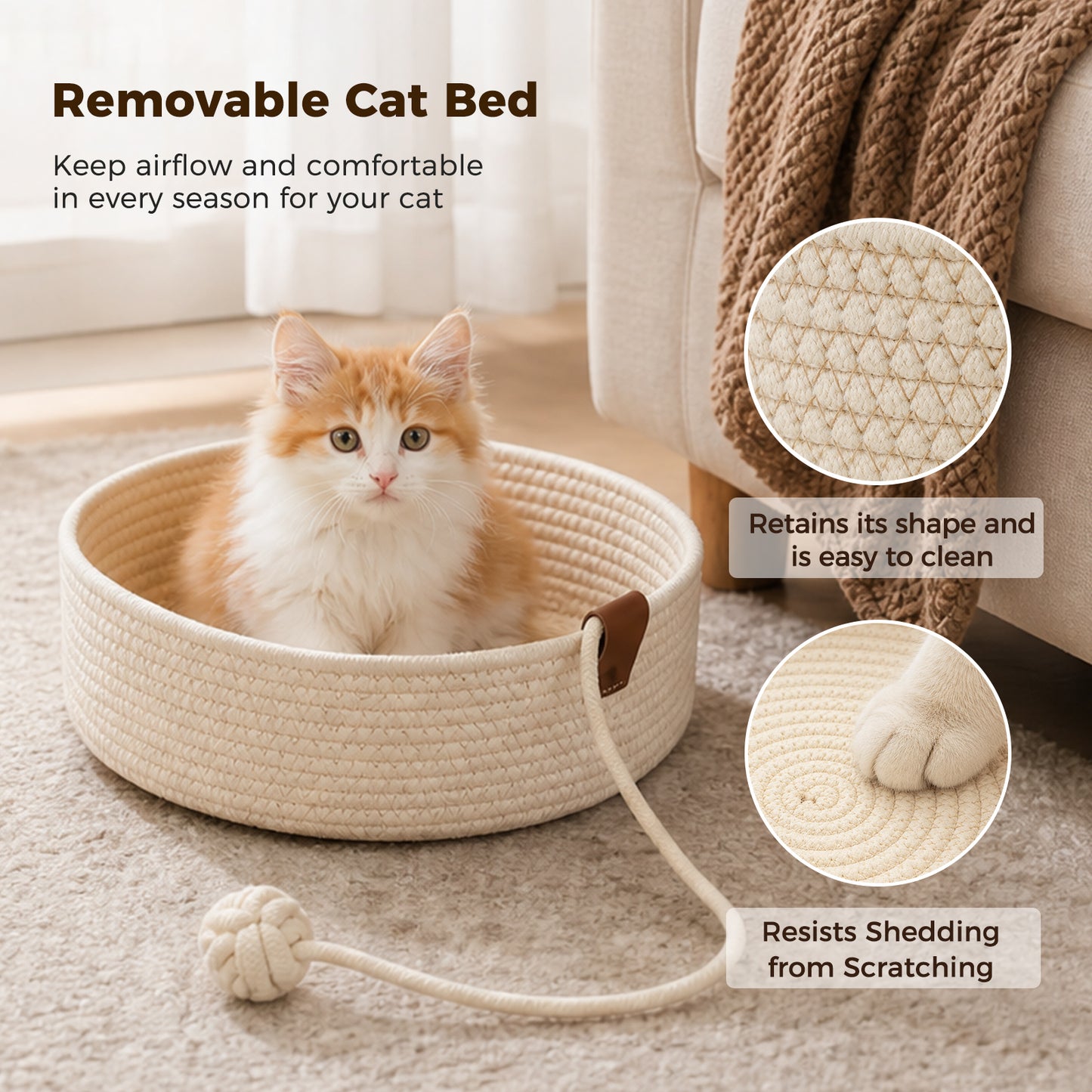 PAWZ Road 88cm Wooden Cat Tree for Large Cats, Cat Tower with Removable Bed, Sisal-Covered Scratching Post, Spacious Large Top Perch, Removable Basket, Big Bed and Pompom Balls, for Indoor Cats, Brown