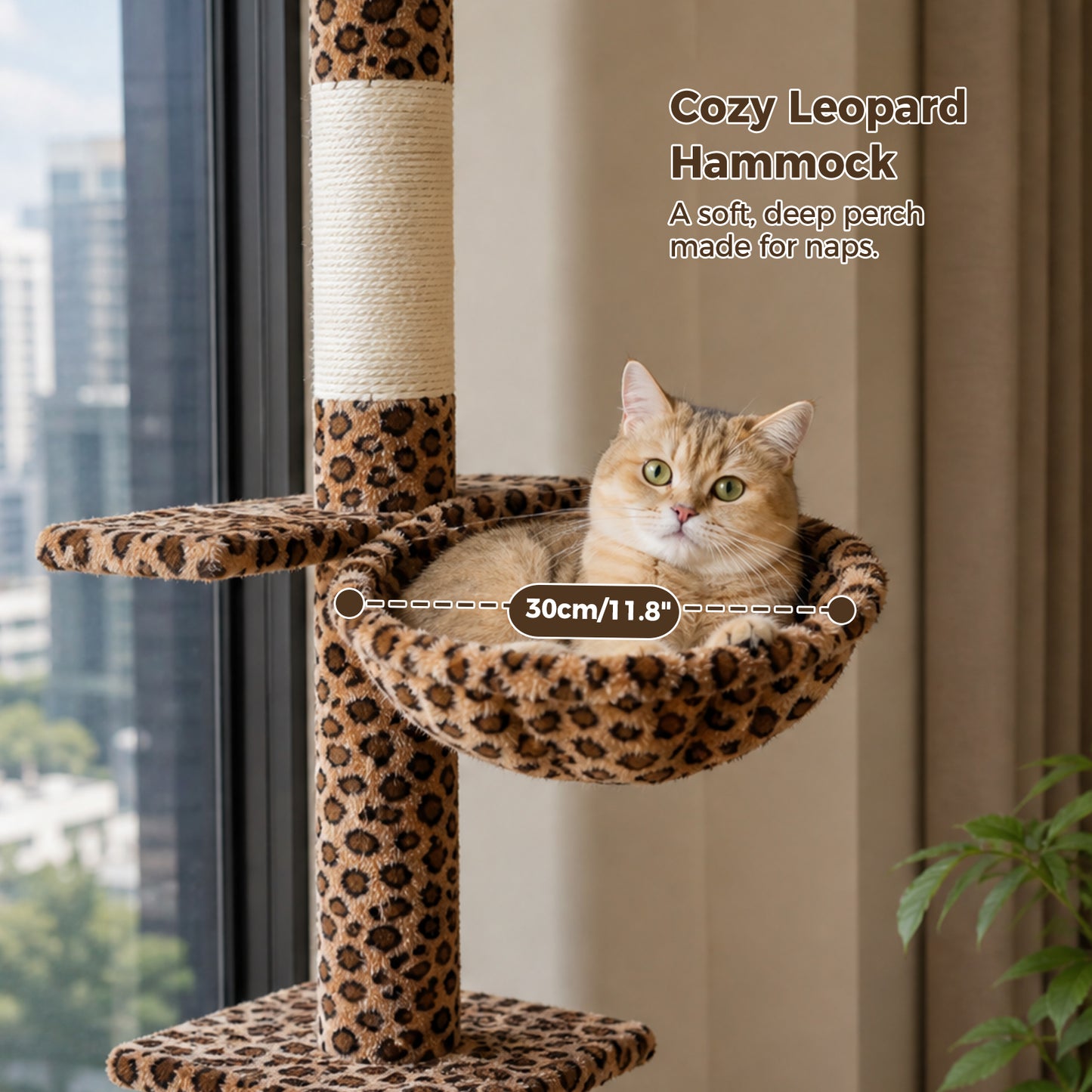 PAWZ Road Cactus Floor-to-Ceiling Cat Tree 5-Tier Cat Tower with Hammock ,229-275cm Adjustable Height ,Ceiling Tree in Green,No Drilling&Space Saving Tall Cat Tree, Multi-Level Skinny Cat Tower, Leopard print