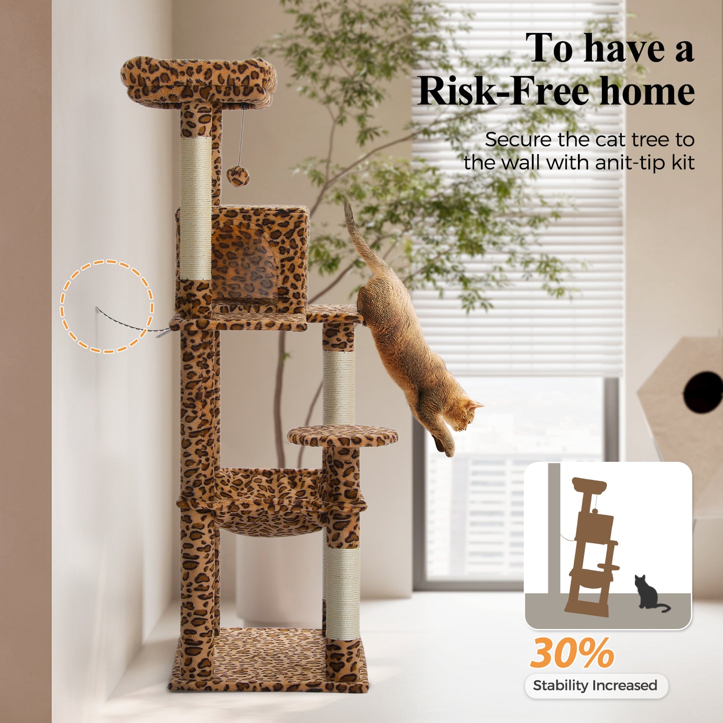 PAWZ Road 143cm Cat Tree with Scratching Post & Large Hammock & Top Perch, Large Hammock 51x41cm, Big Top Perch 45x30cm, 4 Sisal Covered Scratching Posts, 143cm, Leopard Print
