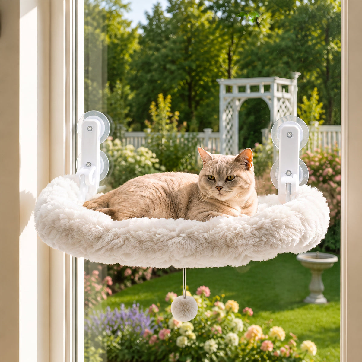 PAWZ Road Cat Window Hammock, Foldable Window Perch, White Cloud-Shaped Bed, 2 Cushions Included: Soft Cloud & Breathable Mesh, Sturdy Suction Cups, Machine Washable Mat,  Pompom Ball, for Large Cats