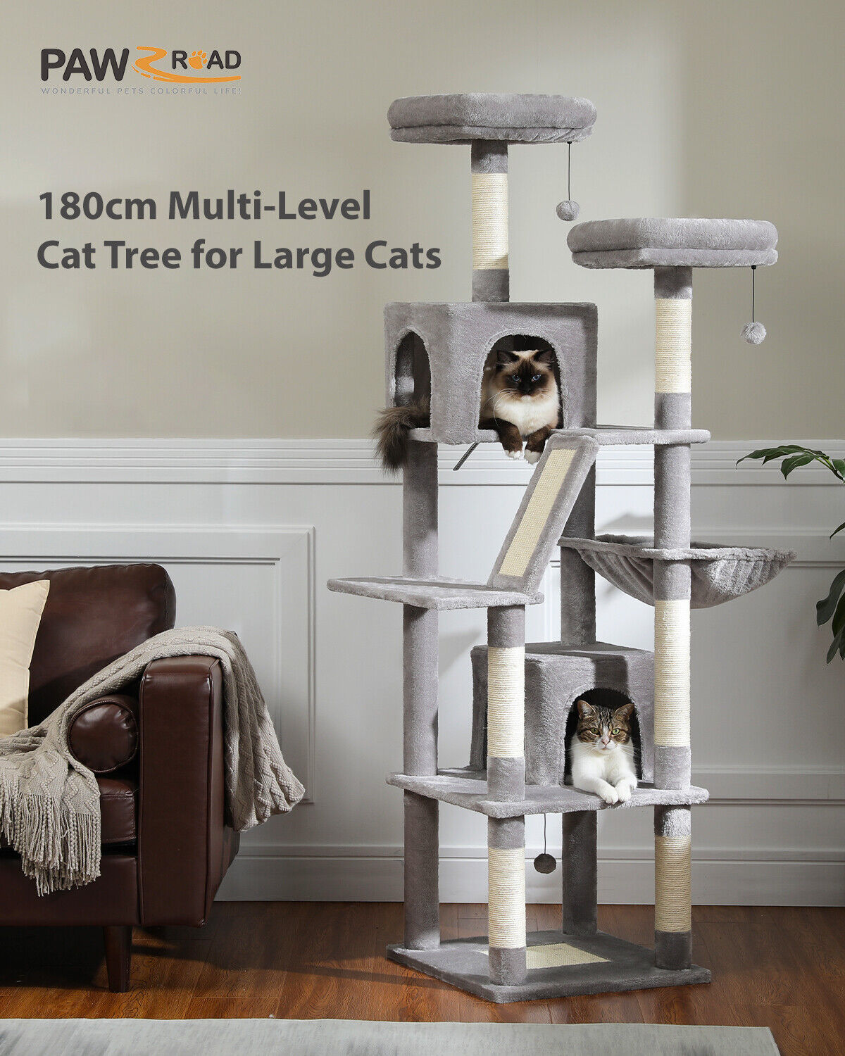 PAWZ Road Cat Tree Tower Scratching Post Adult Cats Condo House Bed Toys 180cm Grey
