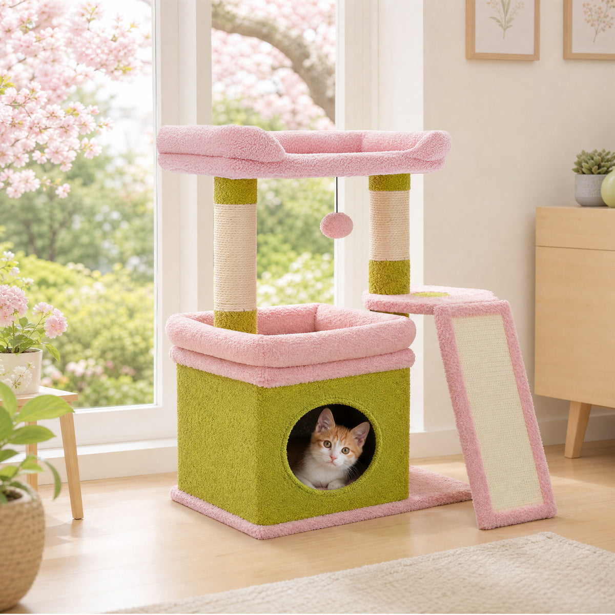 PAWZ Road Small Cat Tree Tower Scratching Post with Wide Top Perch Condo Toys Pink