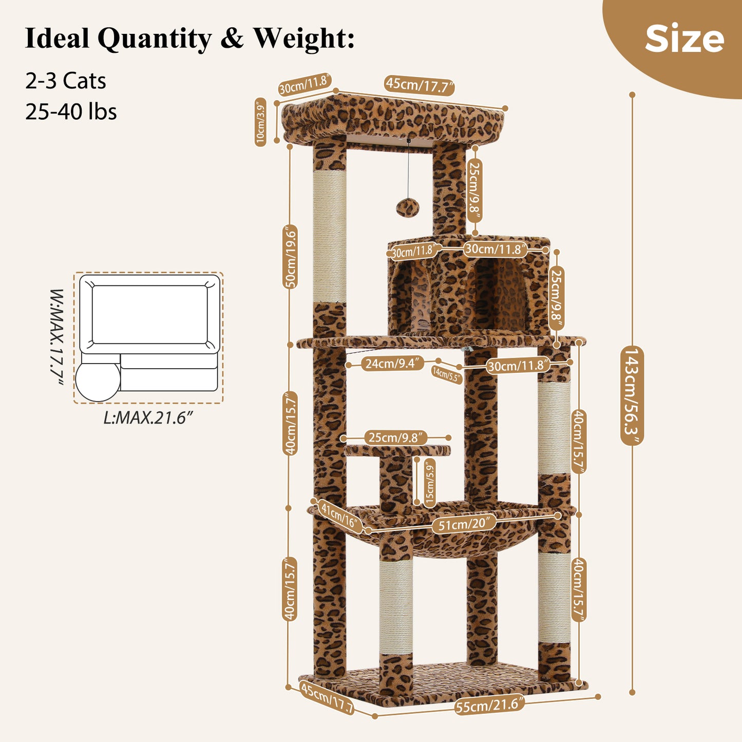 PAWZ Road 143cm Cat Tree with Scratching Post & Large Hammock & Top Perch, Large Hammock 51x41cm, Big Top Perch 45x30cm, 4 Sisal Covered Scratching Posts, 143cm, Leopard Print