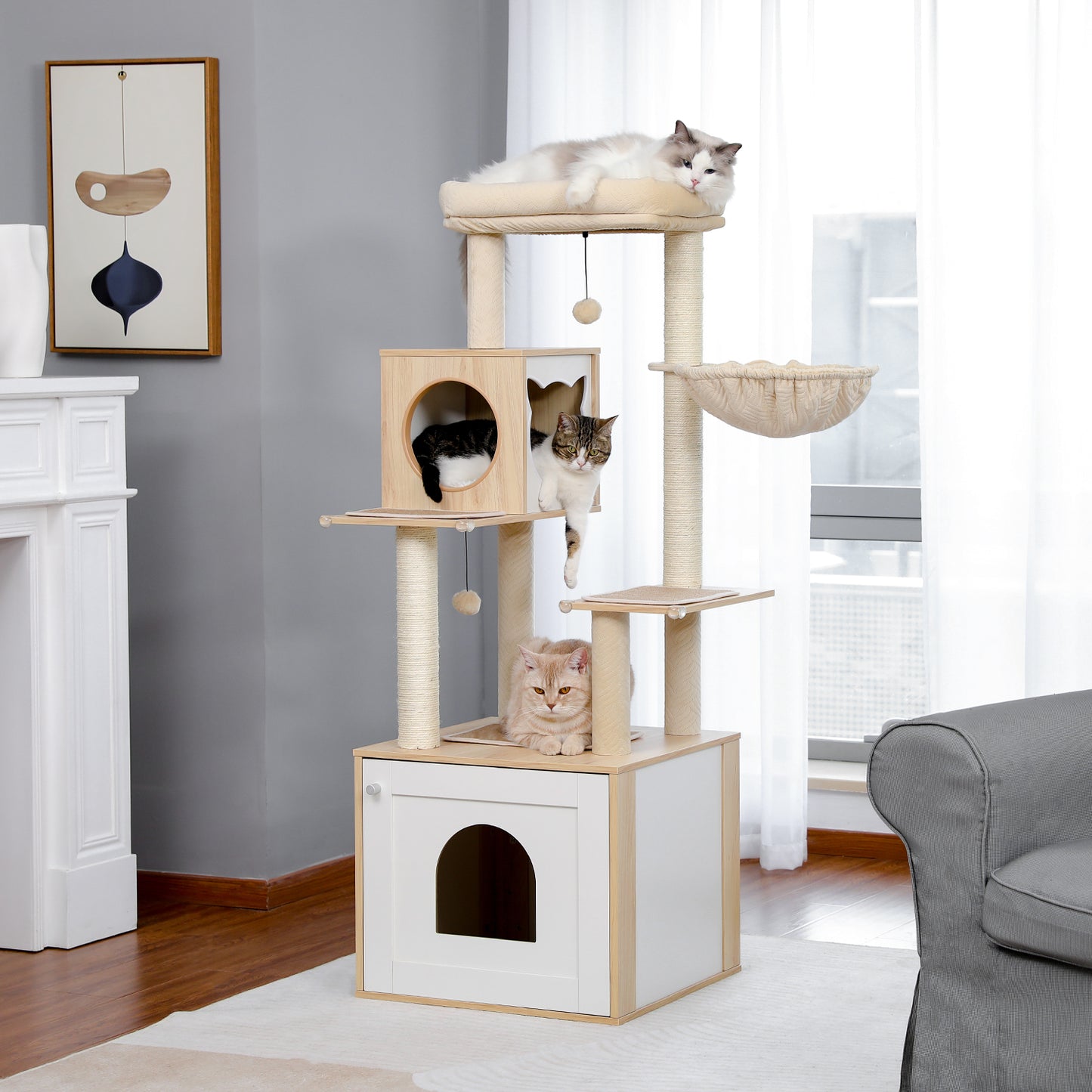 PAWZ Road Cat Tree Enclosure Cat Scratching Post Scratcher Tower Condo Cat Washroom Litter Box Beige