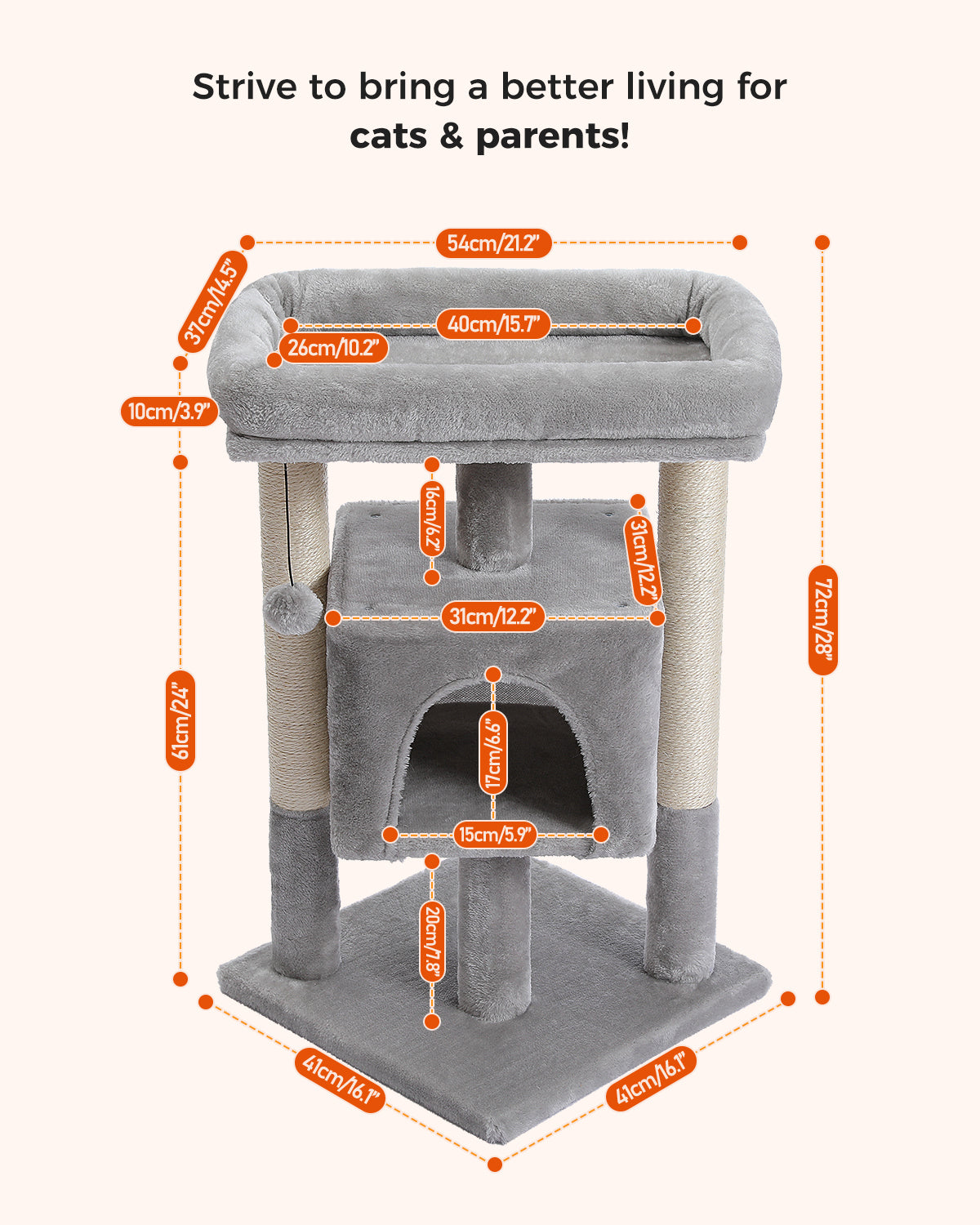 PAWZ 路猫树猫抓柱猫抓板塔公寓房屋家具床 72 厘米灰色