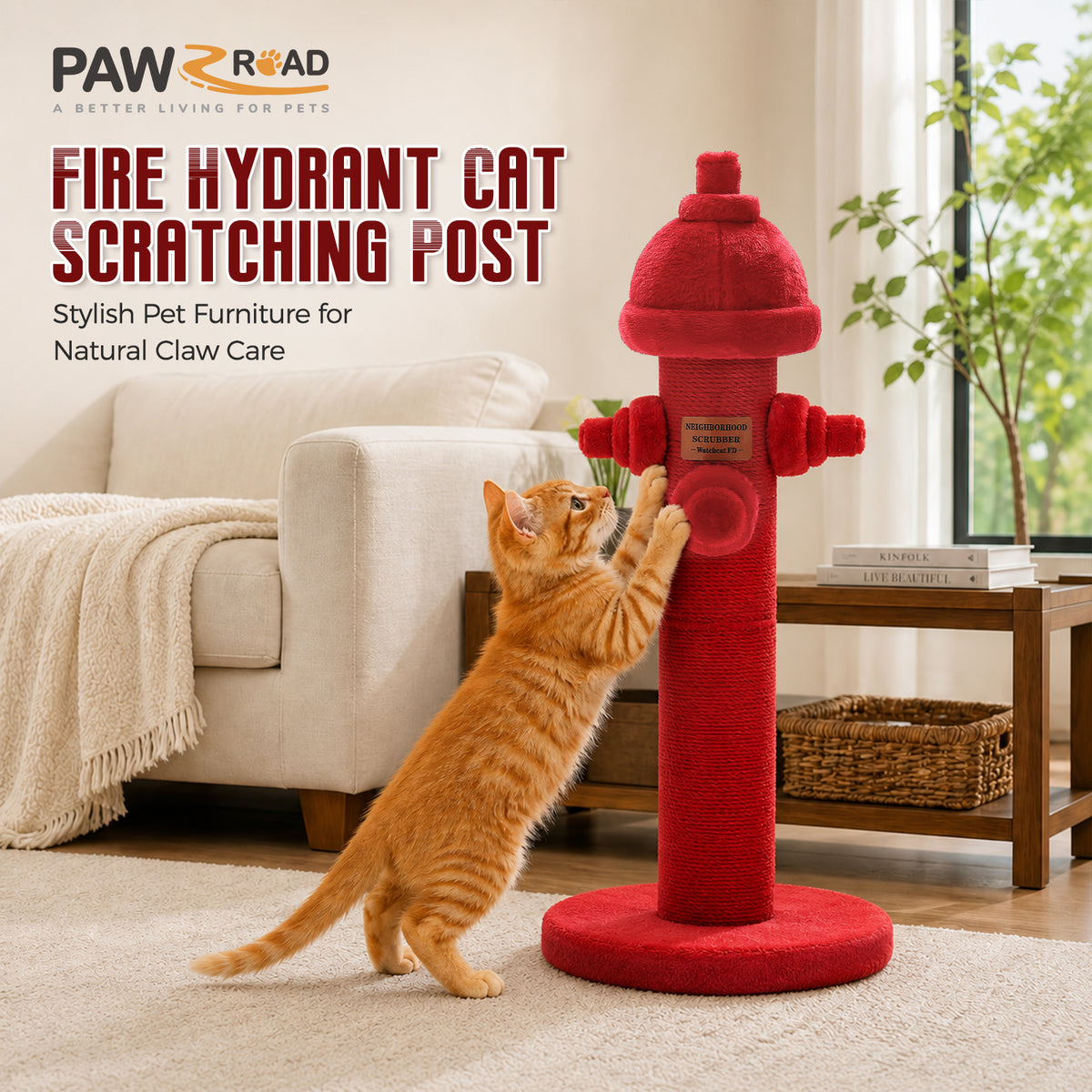 PAWZ Road Fire Hydrant Cat Scratching Post, 65cm Sisal Scratch Post Natural Sisal-Covered Post, Stable Wide Base, Furniture Protector, Cat Activity Center for Indoor Cats