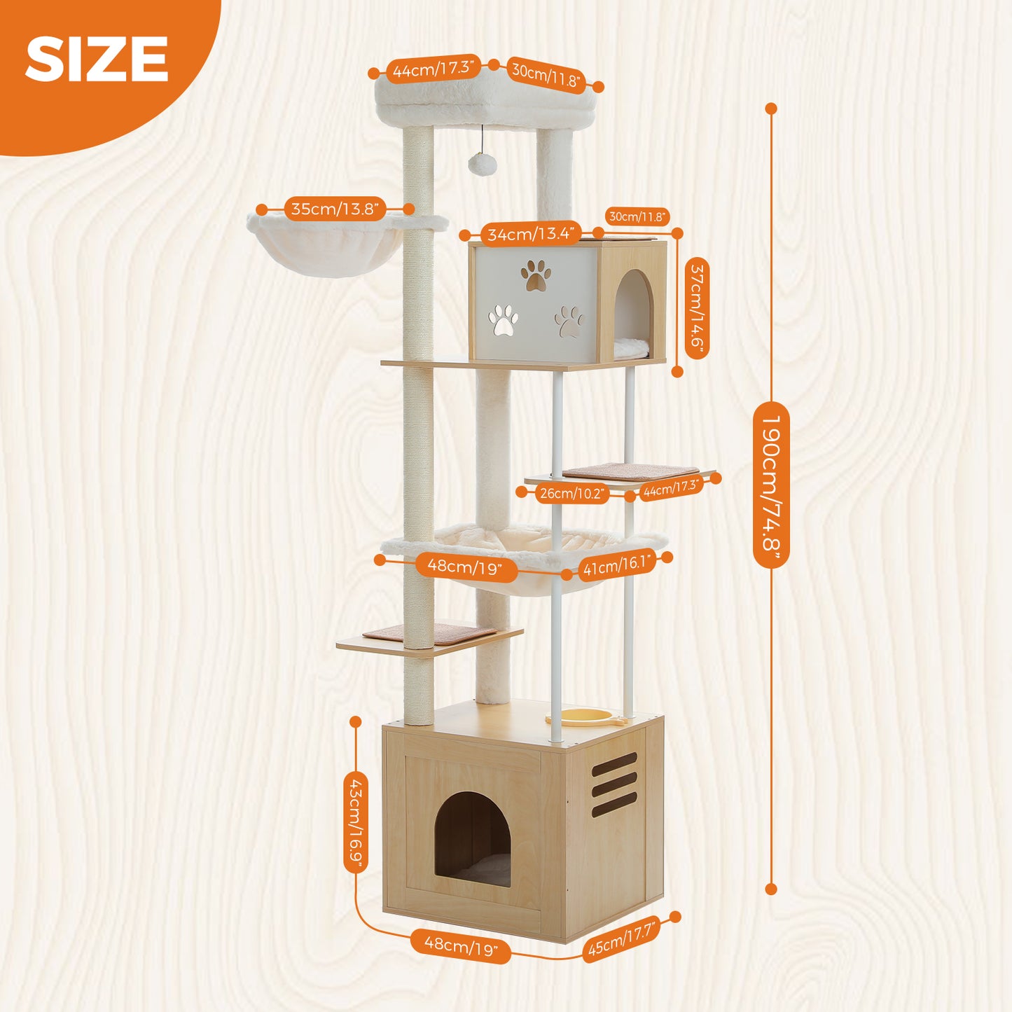 PAWZ Road 190cm Cat Tree Tower Wood Cat Condo Furniture Scratching Post Scratcher Beige
