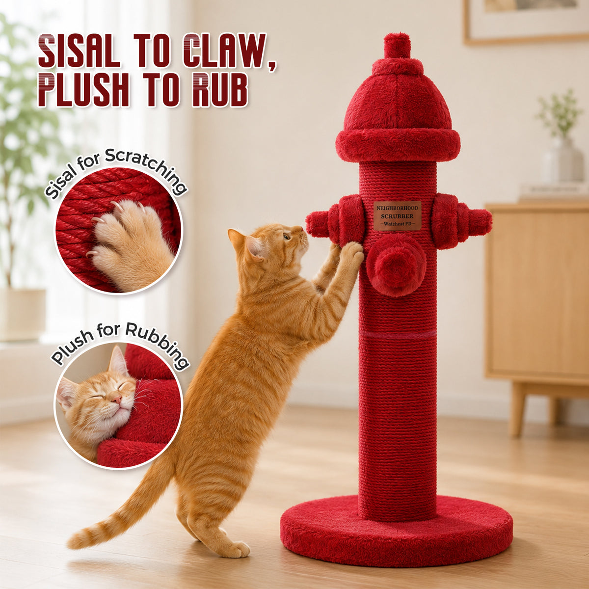 PAWZ Road Fire Hydrant Cat Scratching Post, 65cm Sisal Scratch Post Natural Sisal-Covered Post, Stable Wide Base, Furniture Protector, Cat Activity Center for Indoor Cats