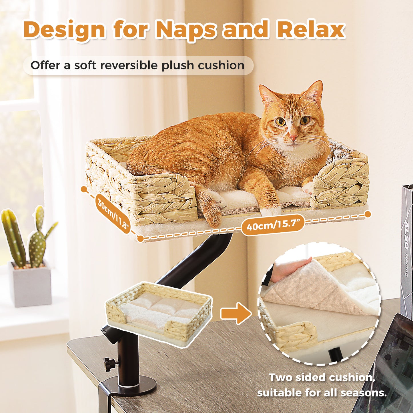 PAWZ Road Cat Desk Bed, Wicker Cat Bed for Desk Supports Up to 22kg, 360° Rotation&Adjustable Soft Plush Hammock for Indoor Cats, Withe