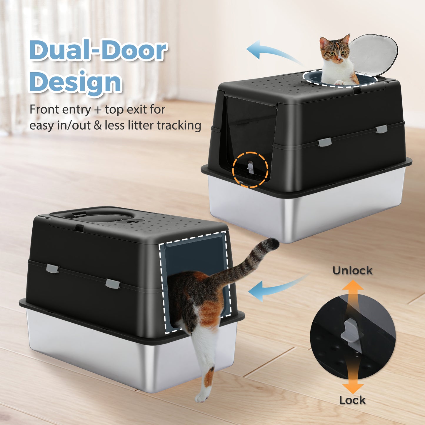 PAWZ Road Stainless Steel Litter Box XL Enclosed Cat Boxes with Lid | 41cm High Sides Anti-Leakage, 38L Capacity for Large Cats, Non-Stick Bottom & Includes Scoop