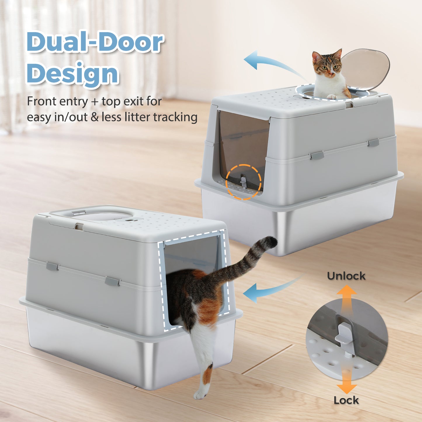 PAWZ Road Stainless Steel Litter Box XL Enclosed Cat Boxes with Lid | 41cm High Sides Anti-Leakage, 38L Capacity for Large Cats, Non-Stick Bottom & Includes Scoop