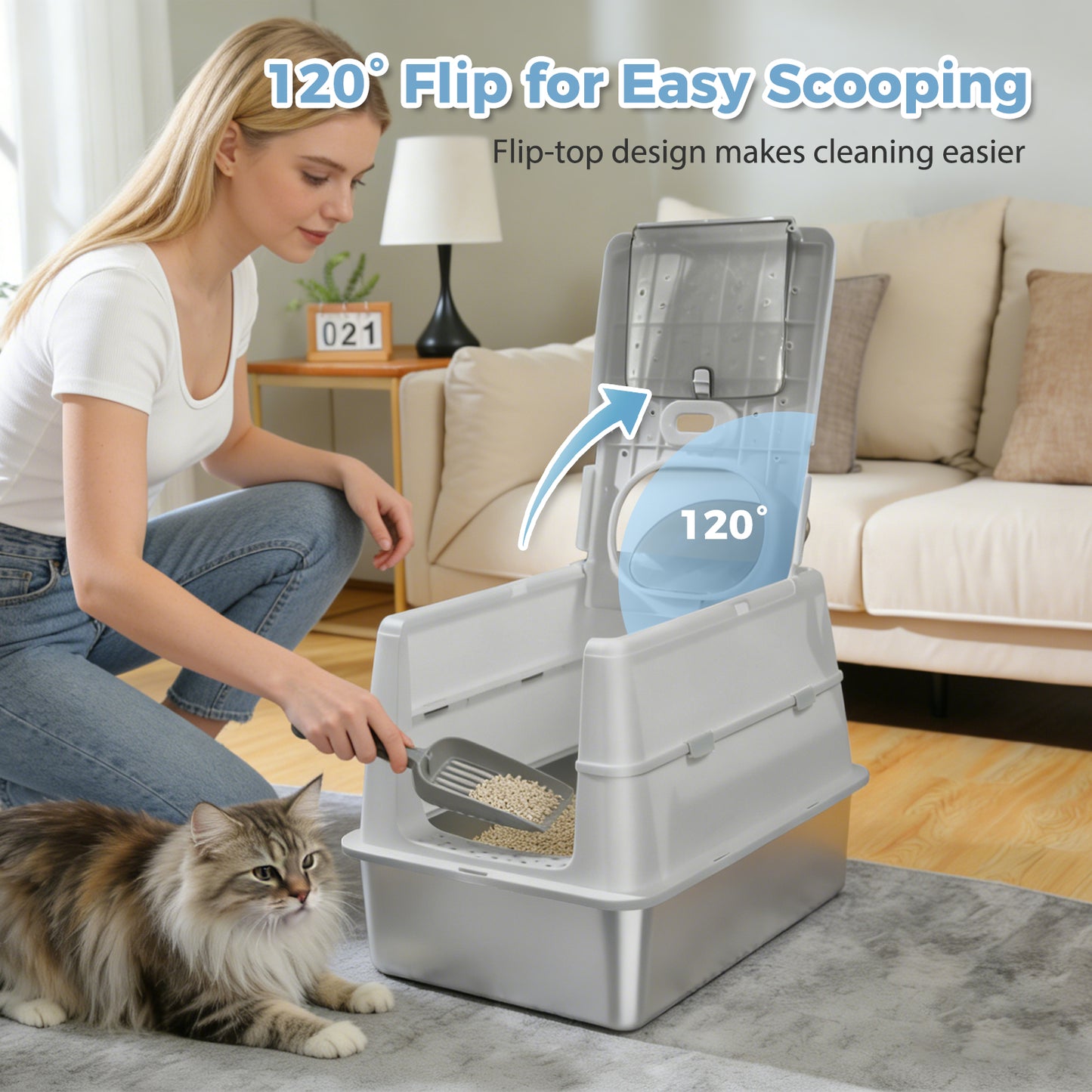 PAWZ Road Stainless Steel Litter Box XL Enclosed Cat Boxes with Lid | 41cm High Sides Anti-Leakage, 38L Capacity for Large Cats, Non-Stick Bottom & Includes Scoop