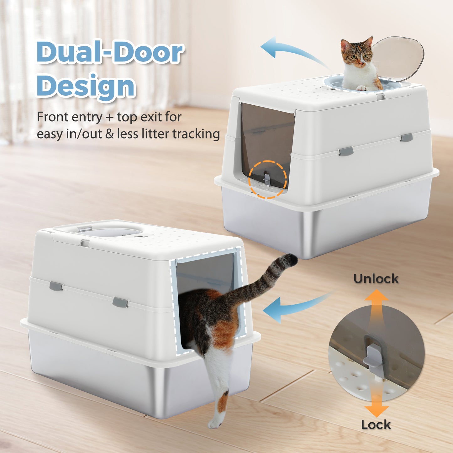 PAWZ Road Stainless Steel Litter Box XL Enclosed Cat Boxes with Lid | 41cm High Sides Anti-Leakage, 38L Capacity for Large Cats, Non-Stick Bottom & Includes Scoop
