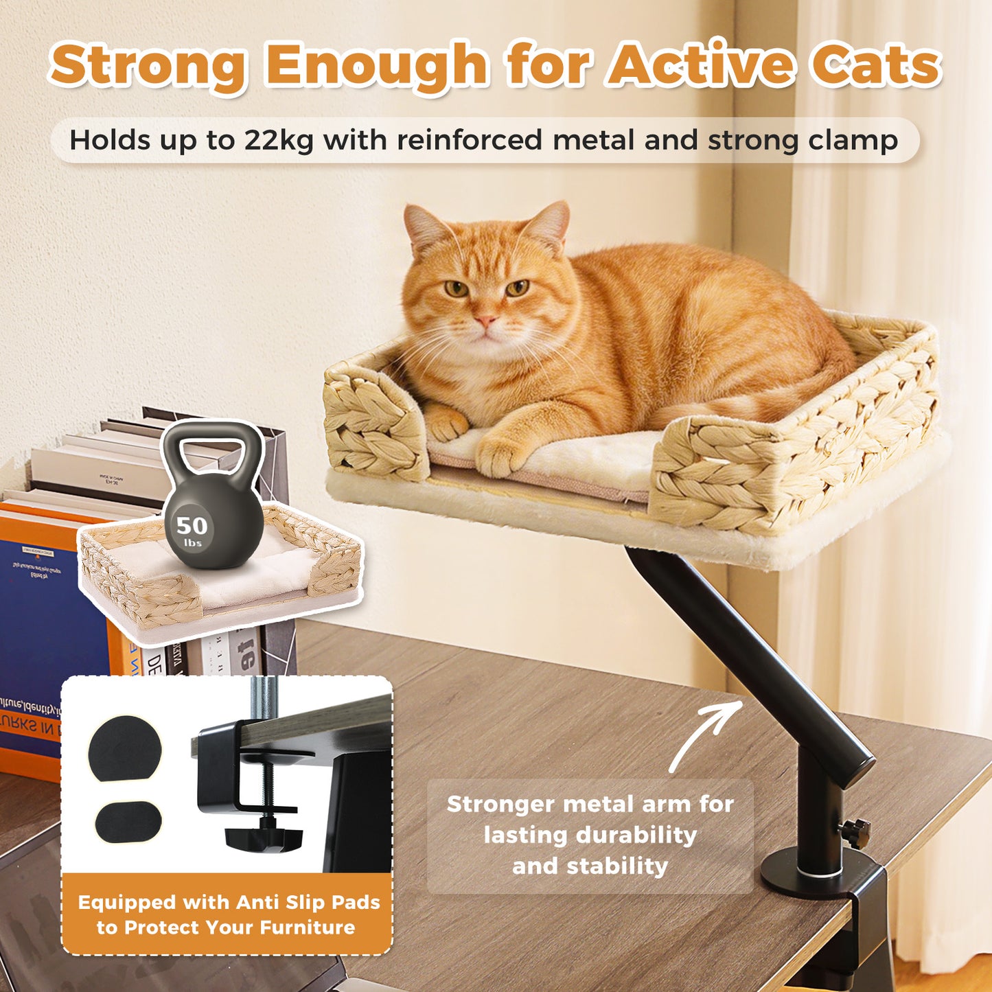 PAWZ Road Cat Desk Bed, Wicker Cat Bed for Desk Supports Up to 22kg, 360° Rotation&Adjustable Soft Plush Hammock for Indoor Cats, Withe