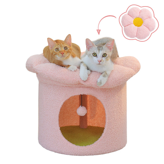 PAWZ Road Cat Tower Condo House with Large Flower Shape Top Perch Bed for Kitten Single Layer Pink